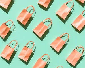 Repetitive Pattern of Orange Shopping Bags on Teal Background with Depth and Shadows