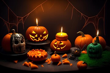 spooky halloween pumpkins with candles on a dark background