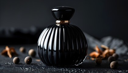 elegant black perfume bottle against a dark backdrop