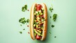 © fivan - A vegan hot dog made from tofu and topped with avocado and cilantro, set against a soft pastel green background for a healthy, modern twist