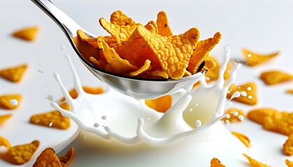 Wall Mural - Crispy corn flakes drenched in creamy milk on a bright white background