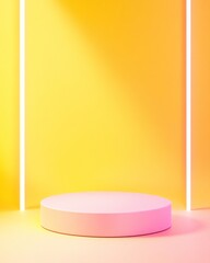 Aufkleber - Vibrant Minimalist Mockup With Sleek Pink Podium on Yellow Gradient Background and Neon Light Beams