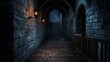 © Luminous Hub  - A dimly lit stone corridor with medieval lanterns, featuring a wooden railing and stairs leading to an unknown destination.