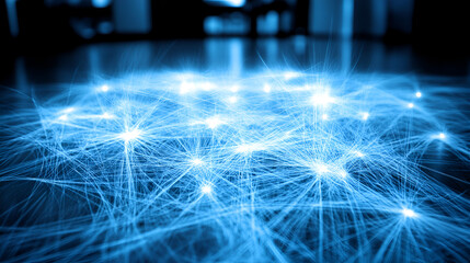 Wall Mural - abstract representation of interconnected lines with glowing nodes in a blue tone, illustrating tech