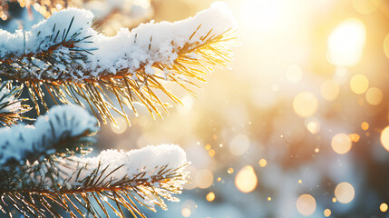 Snow covered pine tree with a bright sun shining on it