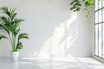 Poster - A white room with a large plant in a white pot, generative ai image