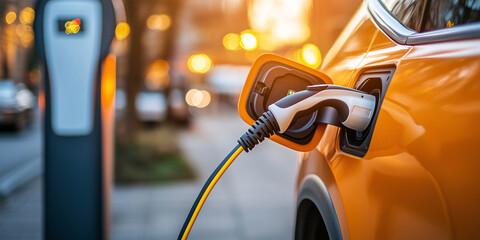 Electric vehicle charging at a public station during sunset