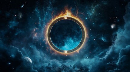 Wall Mural - A cosmic scene featuring a glowing circular portal surrounded by vibrant colors, stars, and nebulae, creating a mystical atmosphere.