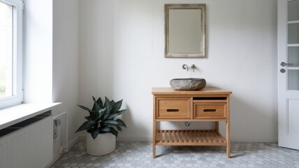 Wooden vanity with stone round vessel sink and mirror in frame on white wall. Interior design of modern scandinavian bathroom.