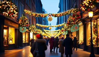 Vibrant holiday street adorned with festive decorations, cheerful shoppers, and illuminated storefronts creating a magical Christmas atmosphere