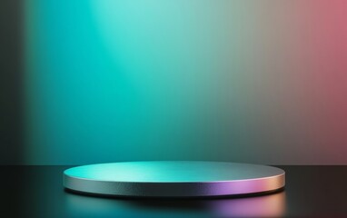 Aufkleber - Minimalist Glossy Metal Podium on Dark Reflective Background with Iridescent Light Beams