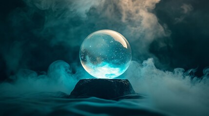 A crystal ball glowing with mysterious light, set against a swirling cloud of mist and stars for a mystical, fortune-telling atmosphere