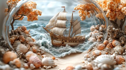 A ship in a glass dome surrounded by seashells and ocean waves.