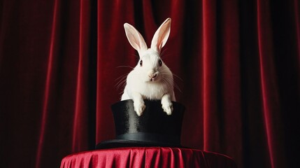 A top hat with a white rabbit peeking out, set against a dark velvet curtain background for a classic magic show atmosphere