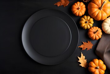 Wall Mural - autumn table setting with pumpkins and plate