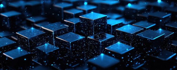 Abstract digital cubes with glowing dark blue highlights on a black background, showcasing futuristic technology and network connections