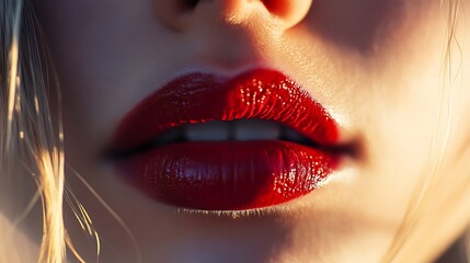 Vibrant Red Lipstick Close-Up with Soft Lighting on Blonde Woman's Lips - Beauty and Makeup Concept