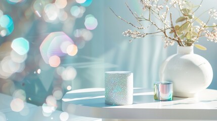 Aufkleber - Minimalist Futuristic Table with Soft White Vase and Holographic Accessories in Serene Indoor Setting
