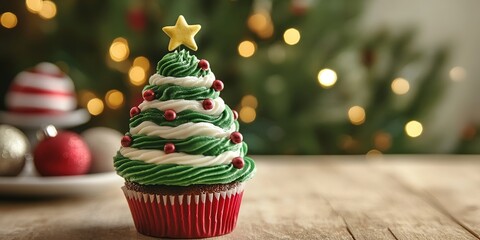 Wall Mural - Christmas tree cupcake with swirled green and white frosting, decorated with red ornaments and topped with a golden star, creating a festive holiday treat