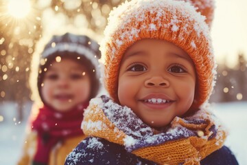 two black toddlers wearing modern warm winter clothes snowing, snowy winter forest in the background