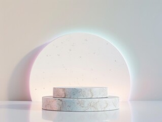 Aufkleber - Minimalist Marble Podium on Holographic Gradient Background with Soft White Spotlight Effect
