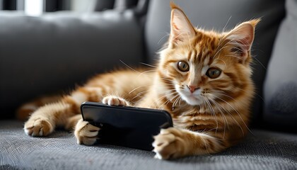 Tech-savvy ginger cat engages with smartphone on cozy grey sofa