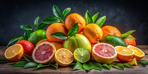 Wall Mural - Citrus Fruit Still Life with Green Leaves on Wooden Table, citrus fruits, still life photography