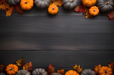 Wall Mural - autumn leaves and pumpkins on dark wood background