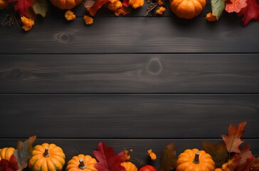 Wall Mural - autumn leaves and pumpkins on wooden background