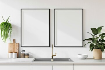 Poster - A kitchen with a white framed picture on the wall, generative ai image