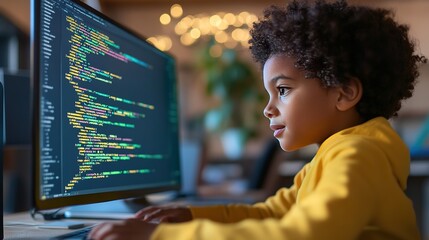 Young child coding on a computer with colorful code displayed on the screen in a cozy workspace filled with warm lights