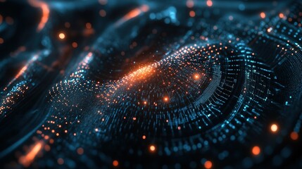A humanoid robot interacts with a digital interface filled with data in a futuristic technology setting