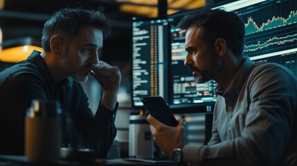 Two professionals engaged in an intense discussion about market trends in a financial office during evening hours