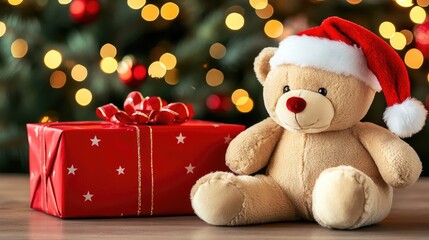 Wall Mural - A charming teddy bear in a Santa hat beside a festive Christmas present surrounded by twinkling holiday lights and a joyful atmosphere