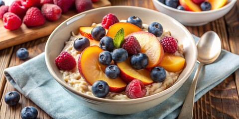 Oatmeal with Peach, Raspberry and Blueberry in a Bowl, healthy breakfast ,fruit bowl