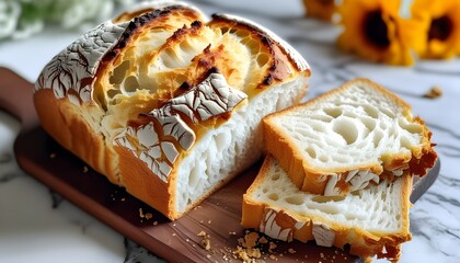 Golden crusty white bread loaf freshly baked to perfection