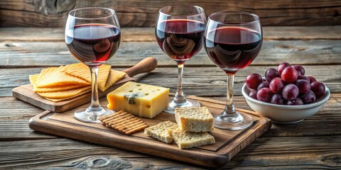 three glasses of red wine with cheese and crackers on wooden table, wine, cheese