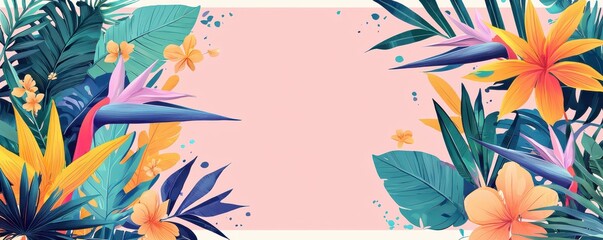 Colorful flat  frame with tropical leaves and flowers on pastel pink background, perfect for summer designs