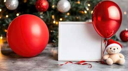 A cozy Christmas setup featuring a teddy bear, festive decorations, and an empty frame awaiting heartfelt memories