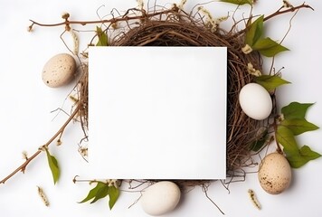 Wall Mural - easter card mockup with nest & eggs