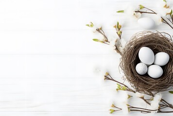 Easter Nest with White Eggs and Blossoms