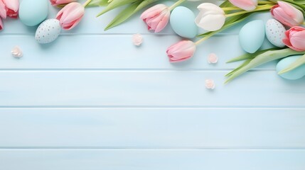 Wall Mural - Pastel Easter Background with Tulips & Eggs