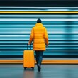 © Rossarin - A traveler in a bright yellow jacket, rolling a suitcase with a dynamic motion blur background.