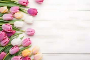 Colorful Tulips Easter Background on White Wooden Table