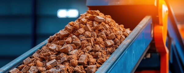 Conveyor belt transporting raw materials in an industrial setting.