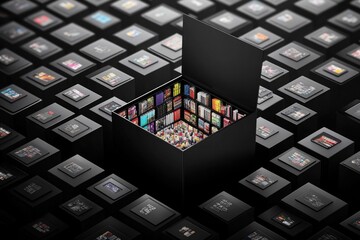 Open box revealing colorful digital media collection amid monochrome boxes