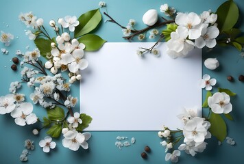 Wall Mural - blank card with white flowers and blue background