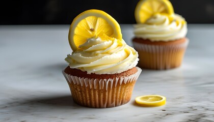 Wall Mural - Lemon frosted cupcake adorned with a slice of fresh lemon