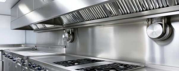 Modern industrial kitchen with stainless steel appliances and cooking equipment, white isolate background.