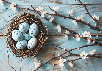 Wall Mural - easter eggs in bird nest with willow branches